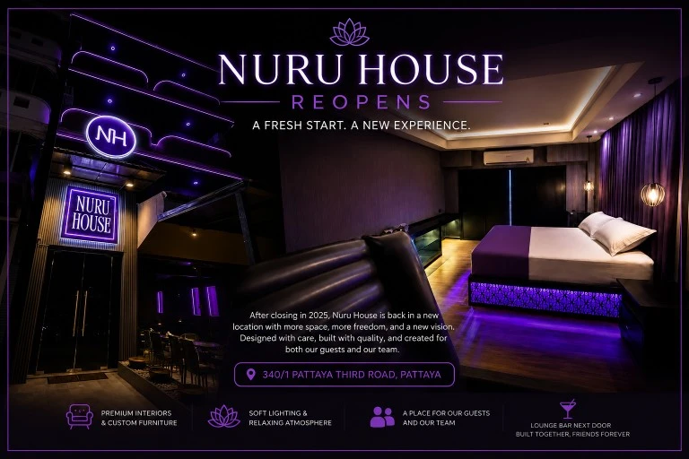 Nuru House reopens in Pattaya on Third Road: the neon facade, the nuru lounge and a guest room
