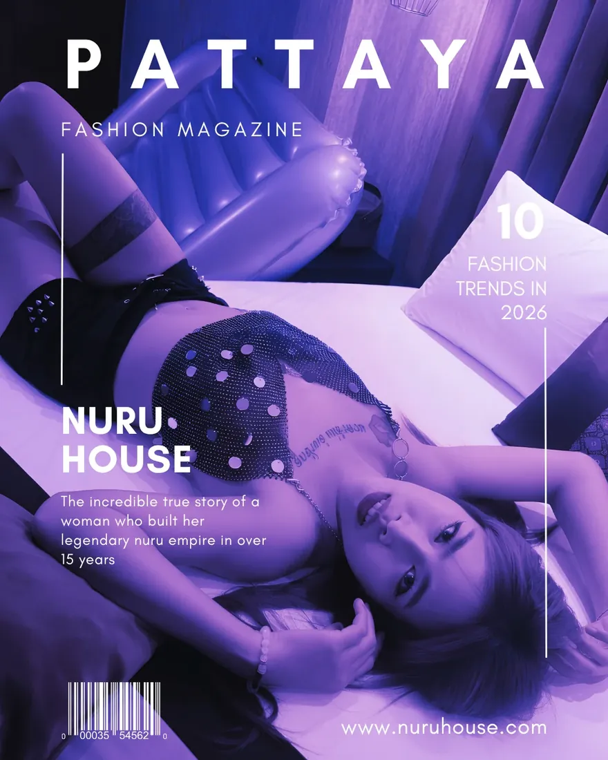 Mock Pattaya Fashion Magazine cover for Nuru House, with a therapist reclining in a violet-lit suite